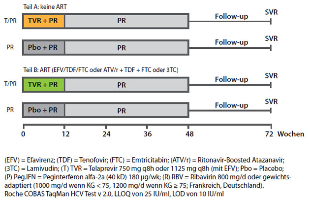 Abbildung 1: Tripletherapie mit Telaprevir vs Standardtherapie. Studiendesign Nach Sherman KE et al, AASLD 2011, Abstract LB-8