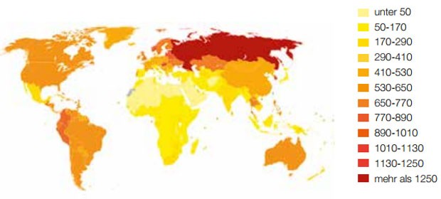 Abbildung 1: Verlorene Lebensjahre (DALY = disability-adjusted life years) pro 100.000 Einwohner durch  Alkoholmissbrauch nach Daten der WHO 2004 (Quelle: Wikipedia)