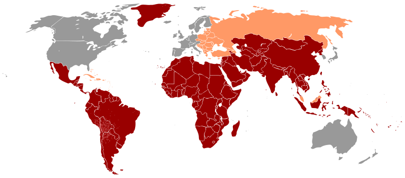 Hepatitis A – Verbreitung auf der Welt (Stand 2005)      ﻿Hoch: Prävalenz höher als 8%     ﻿Mittel : zwischen 2% und 7%     ﻿Niedrig : weniger als 2%